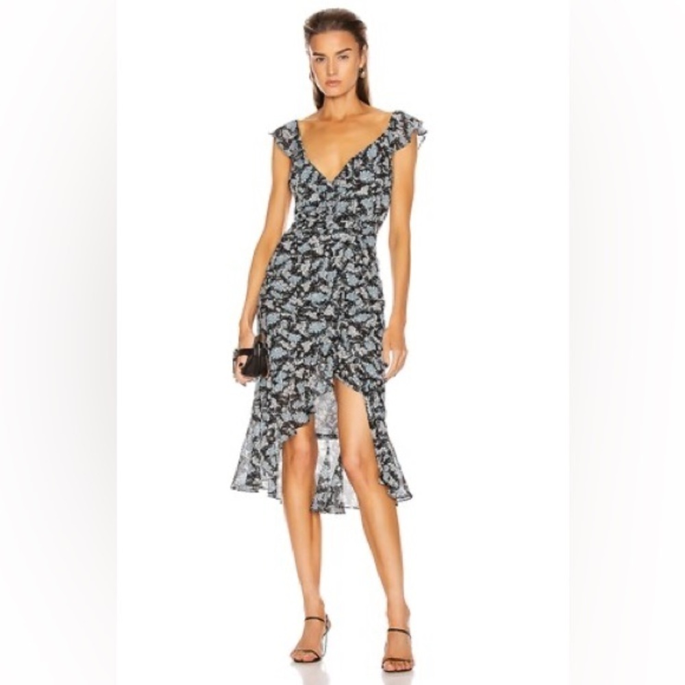 Veronica Beard Amal 100% Silk Black Blue White Floral Faux Wrap Midi Dress 0